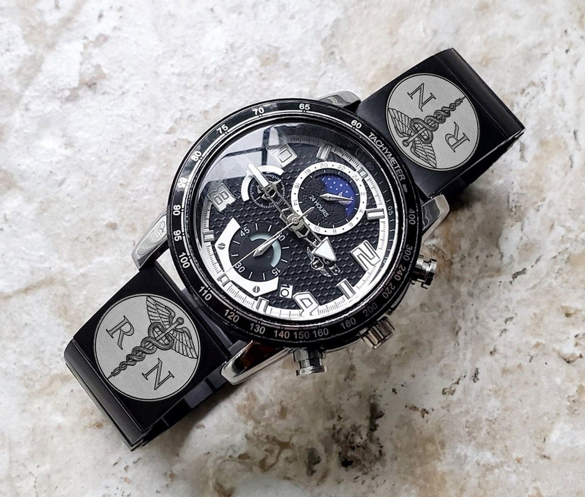 Registered Nurse Engraved Watch Band for 22mm Width Lugs Traditional Casual Luxury and Smartwatches Black Stainless Steel Bracelet Strap RN1